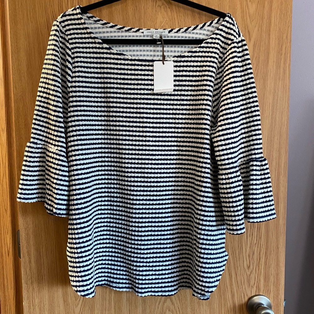 PLUS - Striped Bell Sleeve Textured Top